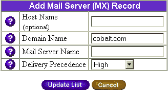 Server Management — Control Panel — Services — DNS Properties — Add Mail Server (MX) Record